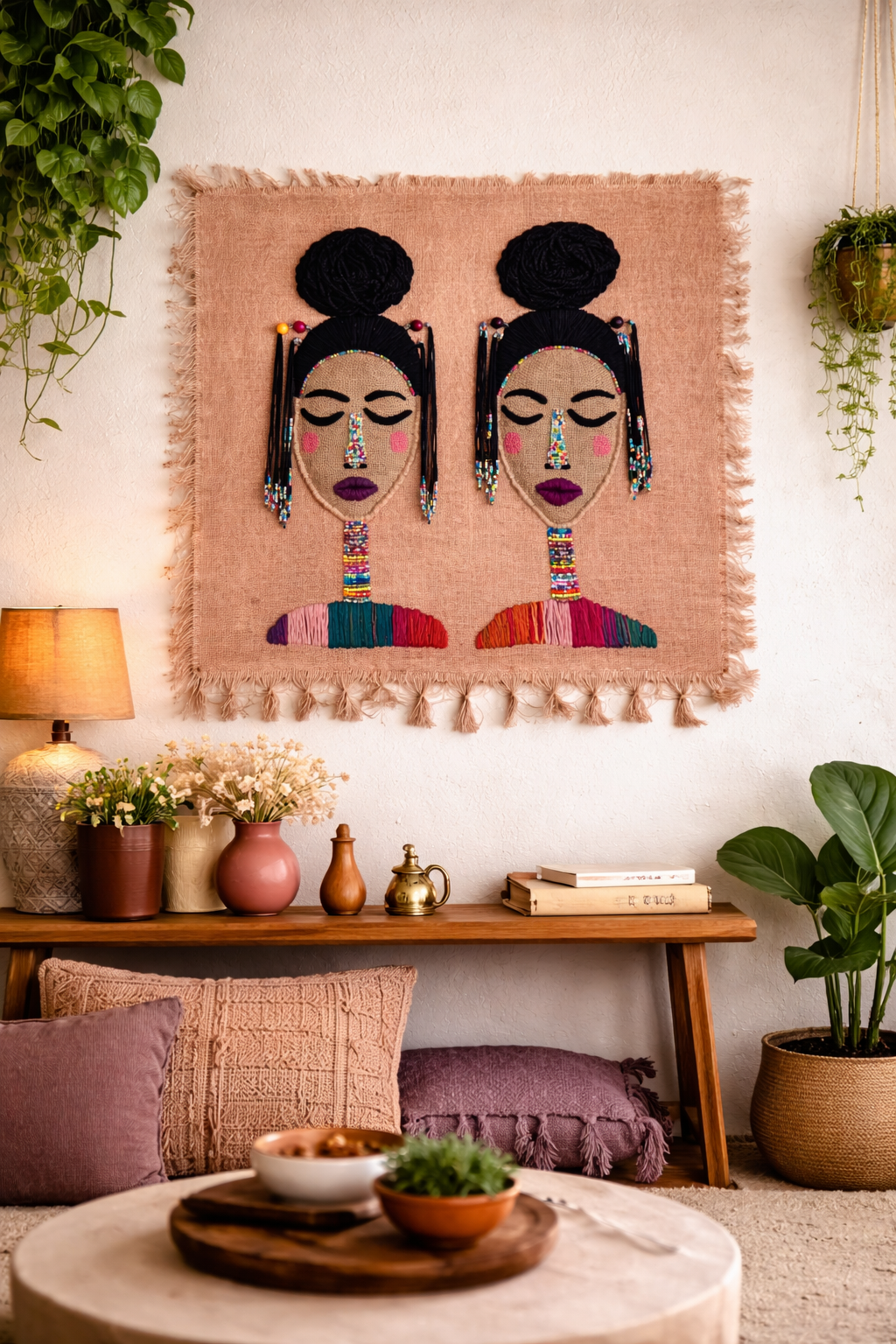 BEADED BONDS LARGE BURLAP YARN ART WALL DISPLAY